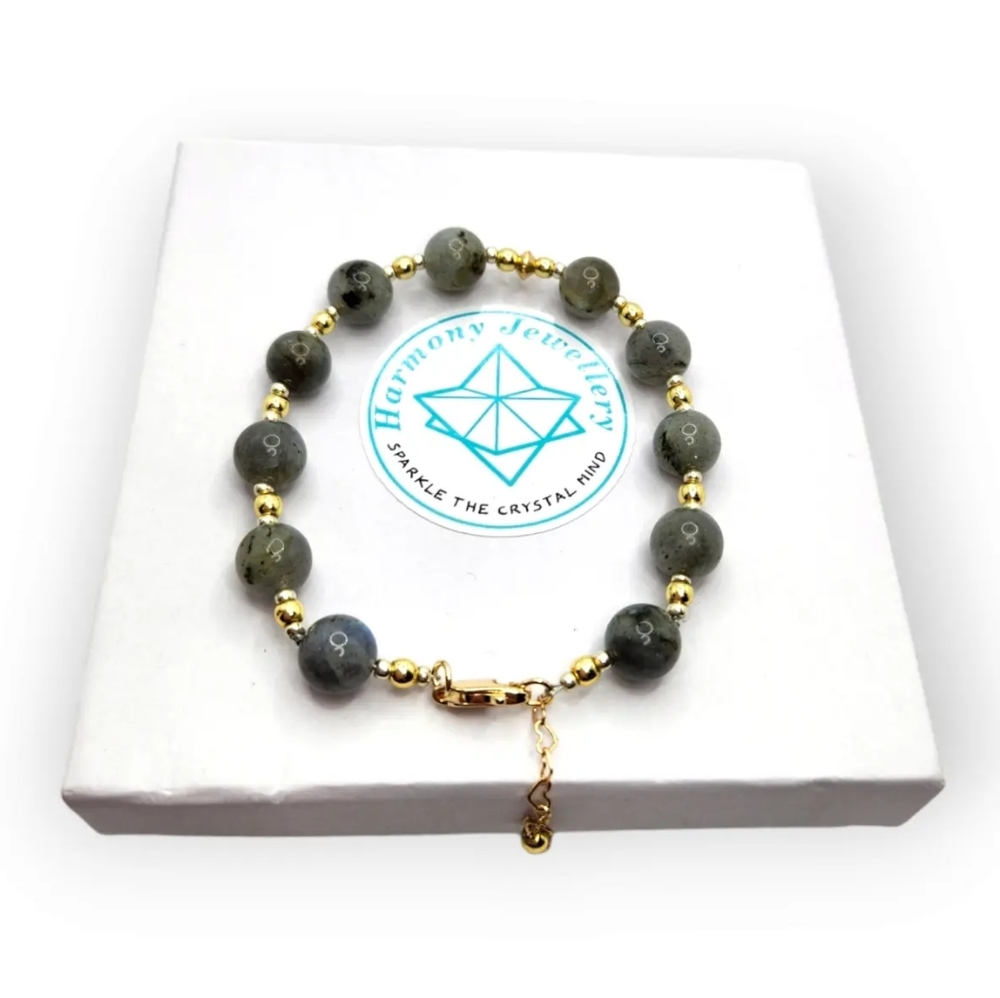 Grey Labradorite, Golden Hematite gold plated clasp bracelet 8 mm
